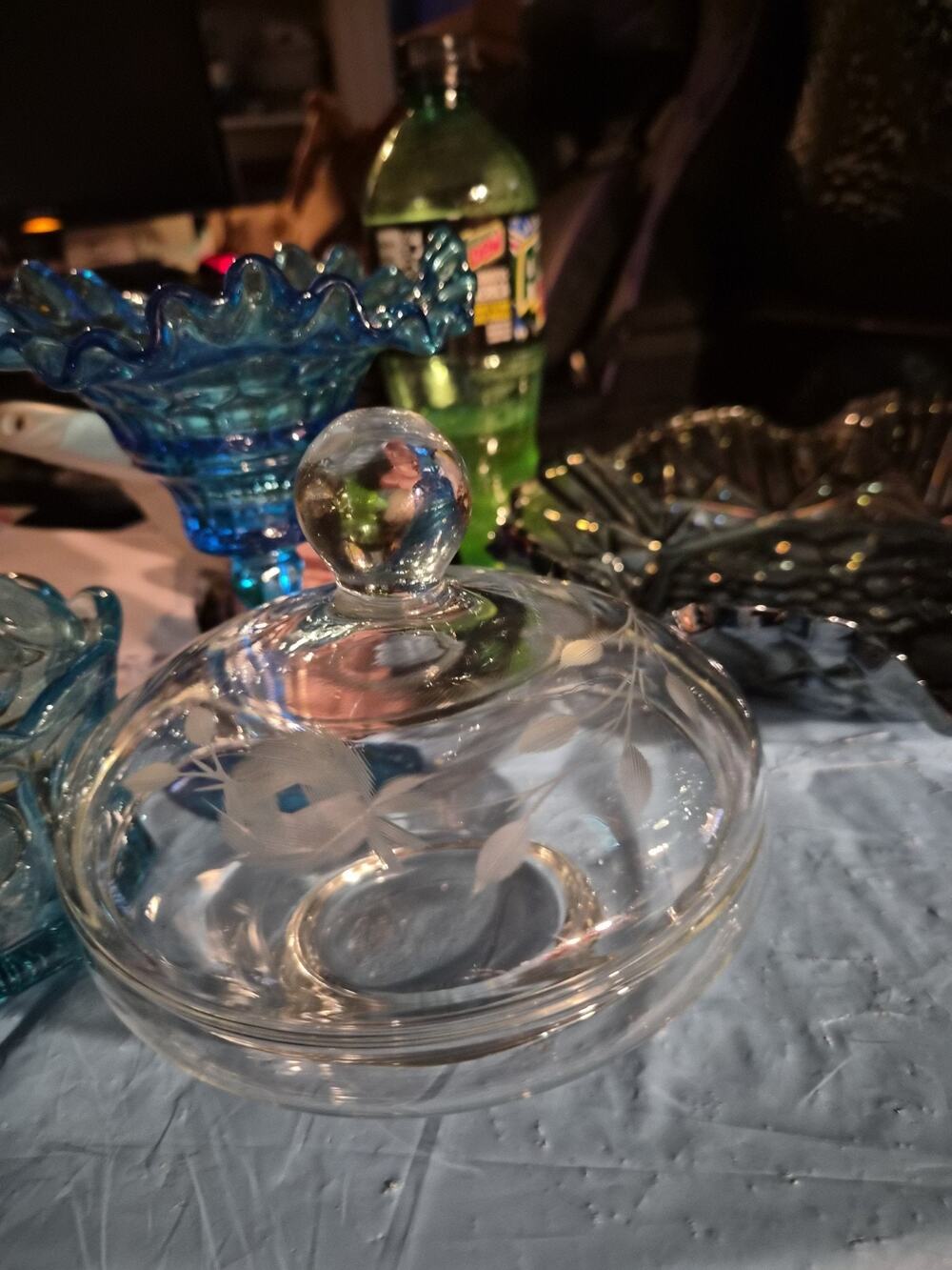 Vintage Crystal Candy Dish With Lid And Has An Lid With Etched Floral Designs On